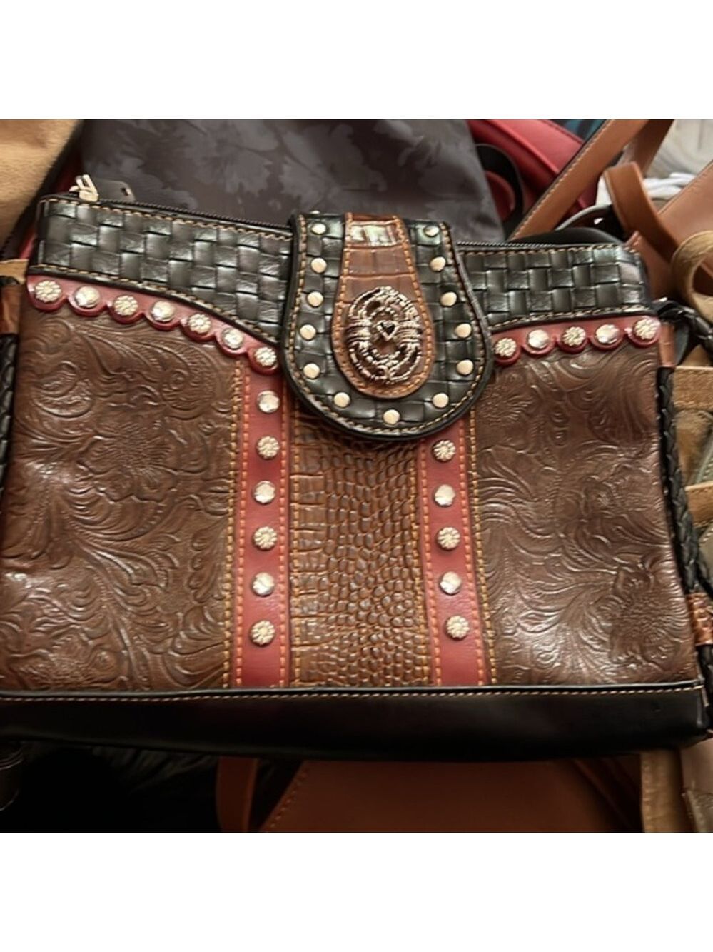MC Brown & Black Faux Leather Shoulder Bag, Size 10”x8”x2”,